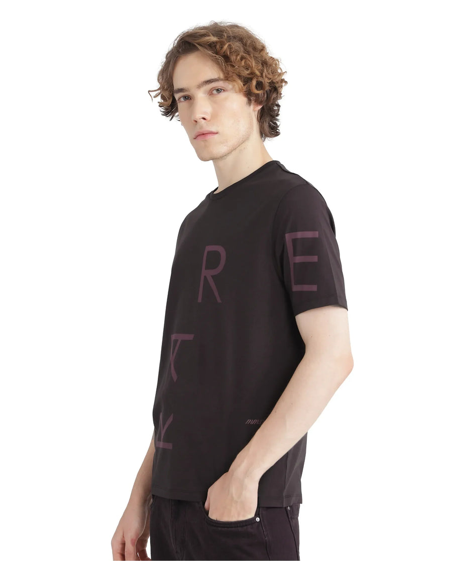 Rare Rabbit Men's Drax Dark Brown Cotton Blend Graphic Print Regular Fit Half Sleeve Crew Neck T-Shirt