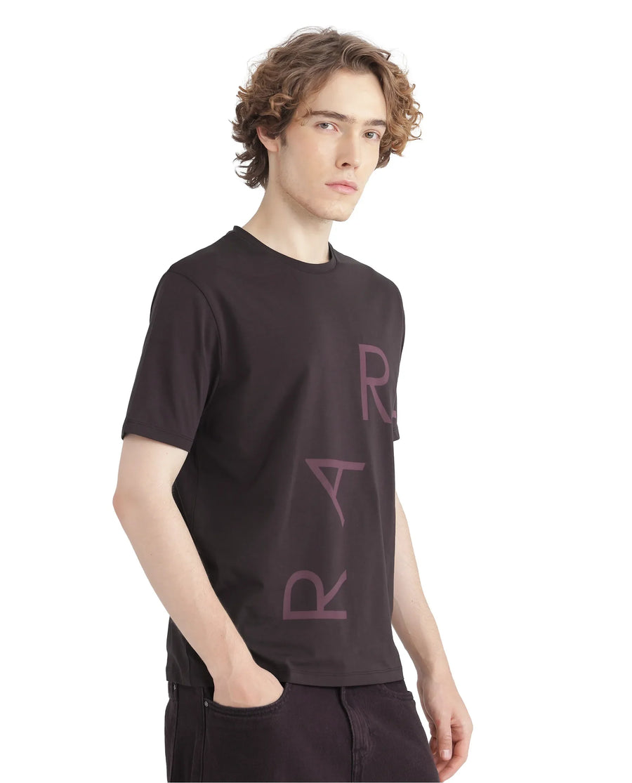 Rare Rabbit Men's Drax Dark Brown Cotton Blend Graphic Print Regular Fit Half Sleeve Crew Neck T-Shirt