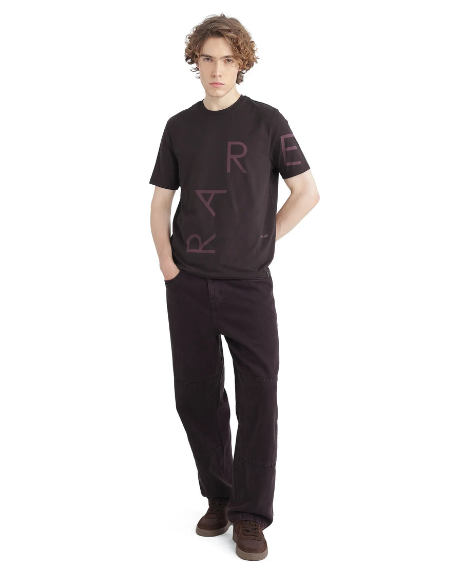 Rare Rabbit Men's Drax Dark Brown Cotton Blend Graphic Print Regular Fit Half Sleeve Crew Neck T-Shirt