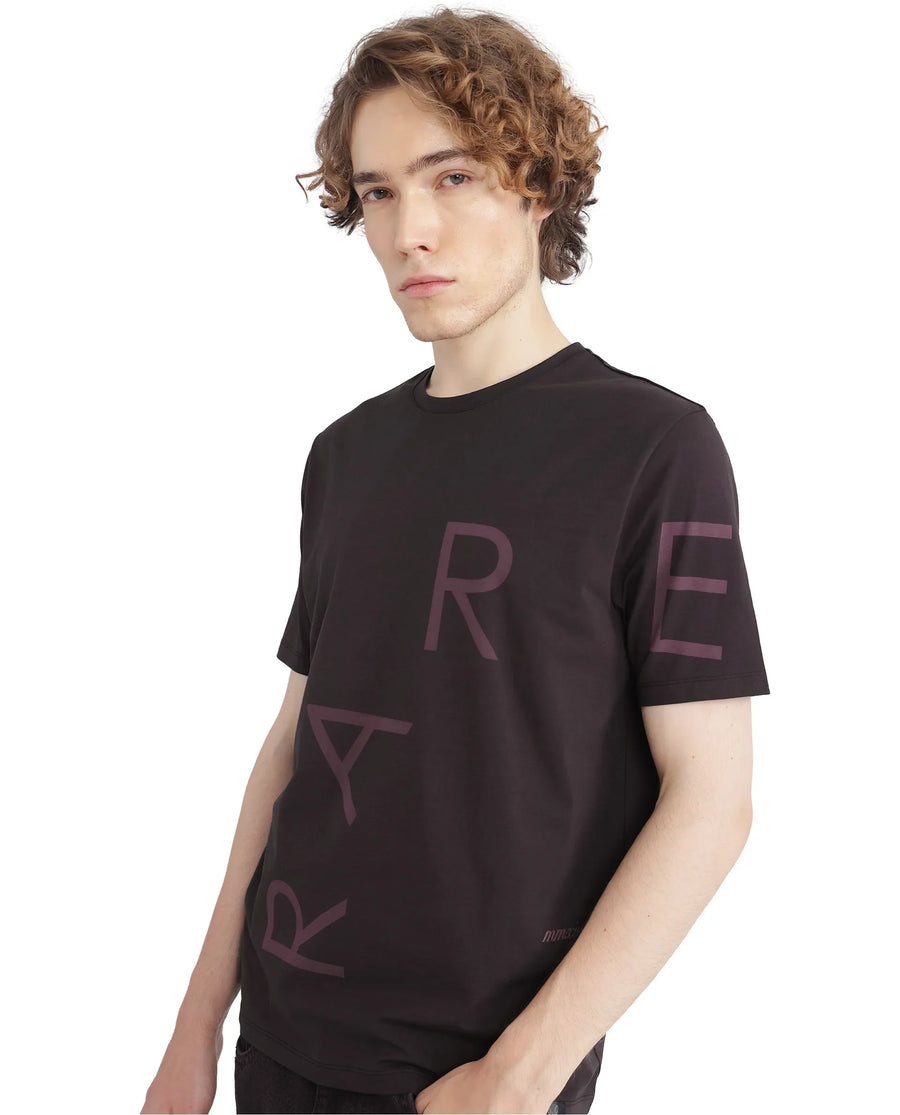 Rare Rabbit Men's Drax Dark Brown Cotton Blend Graphic Print Regular Fit Half Sleeve Crew Neck T-Shirt