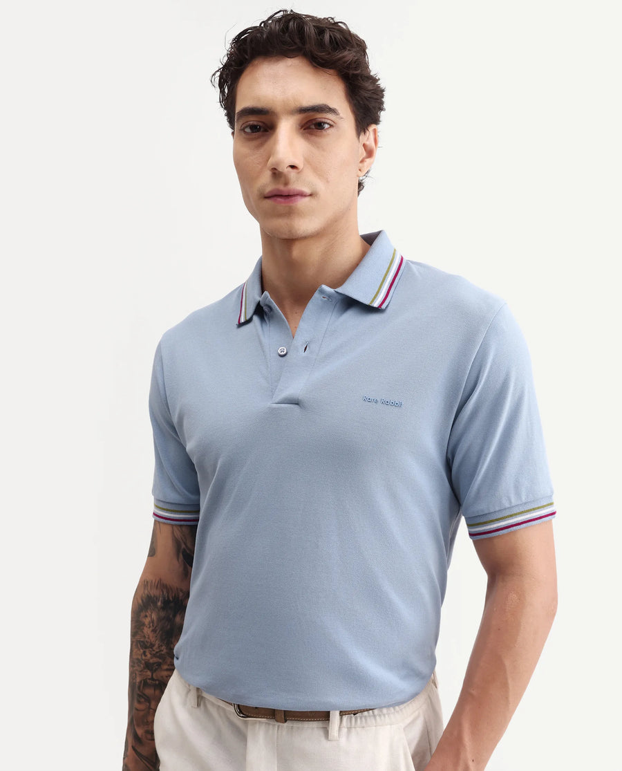 Rare Rabbit Men's Dren Dusky Blue Cotton Blend Spread Collar Regular Plain Polo