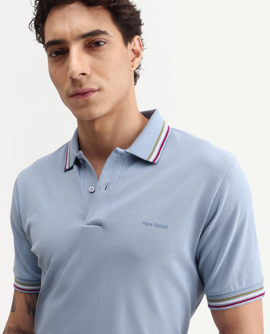 Rare Rabbit Men's Dren Dusky Blue Cotton Blend Spread Collar Regular Plain Polo