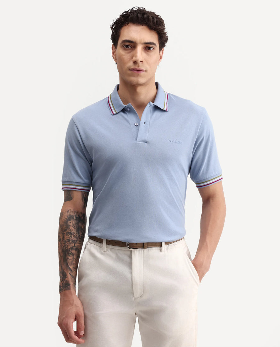 Rare Rabbit Men's Dren Dusky Blue Cotton Blend Spread Collar Regular Plain Polo