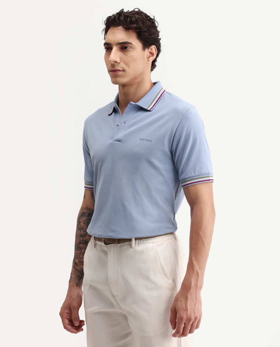 Rare Rabbit Men's Dren Dusky Blue Cotton Blend Spread Collar Regular Plain Polo