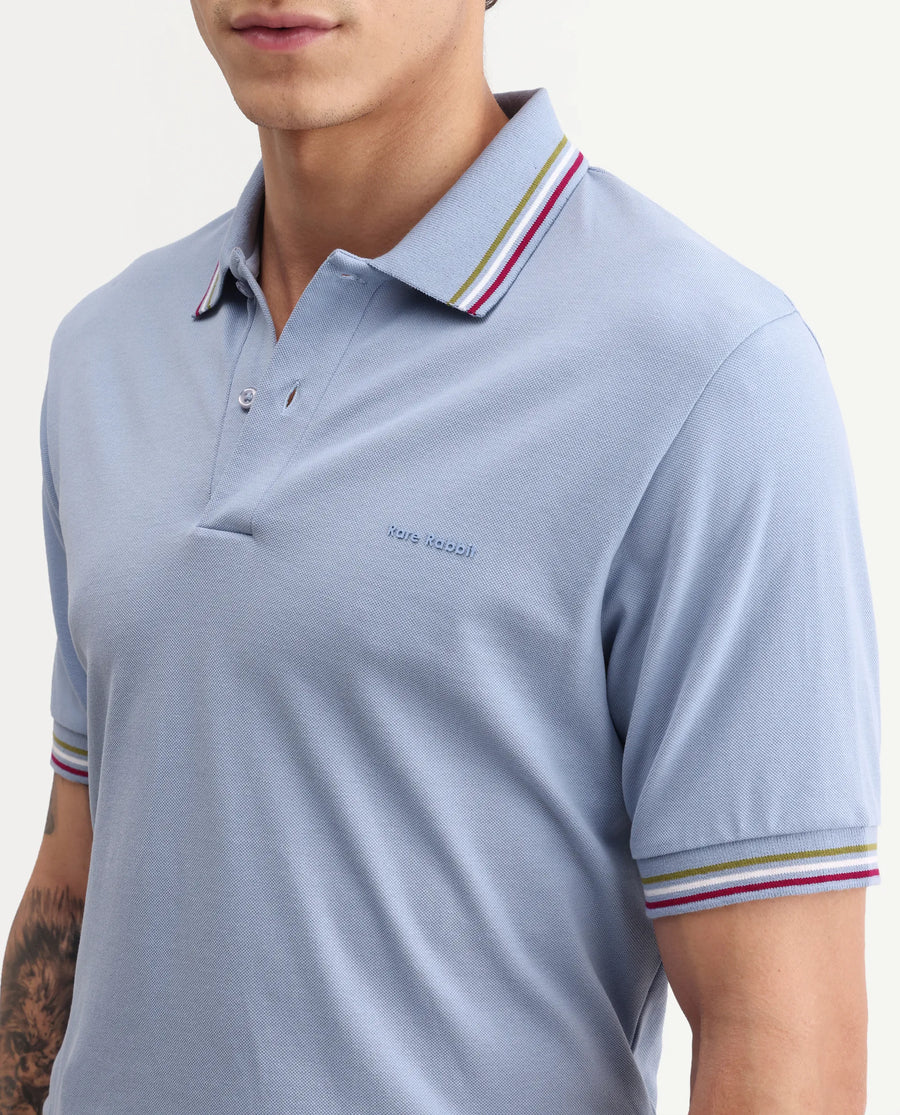 Rare Rabbit Men's Dren Dusky Blue Cotton Blend Spread Collar Regular Plain Polo