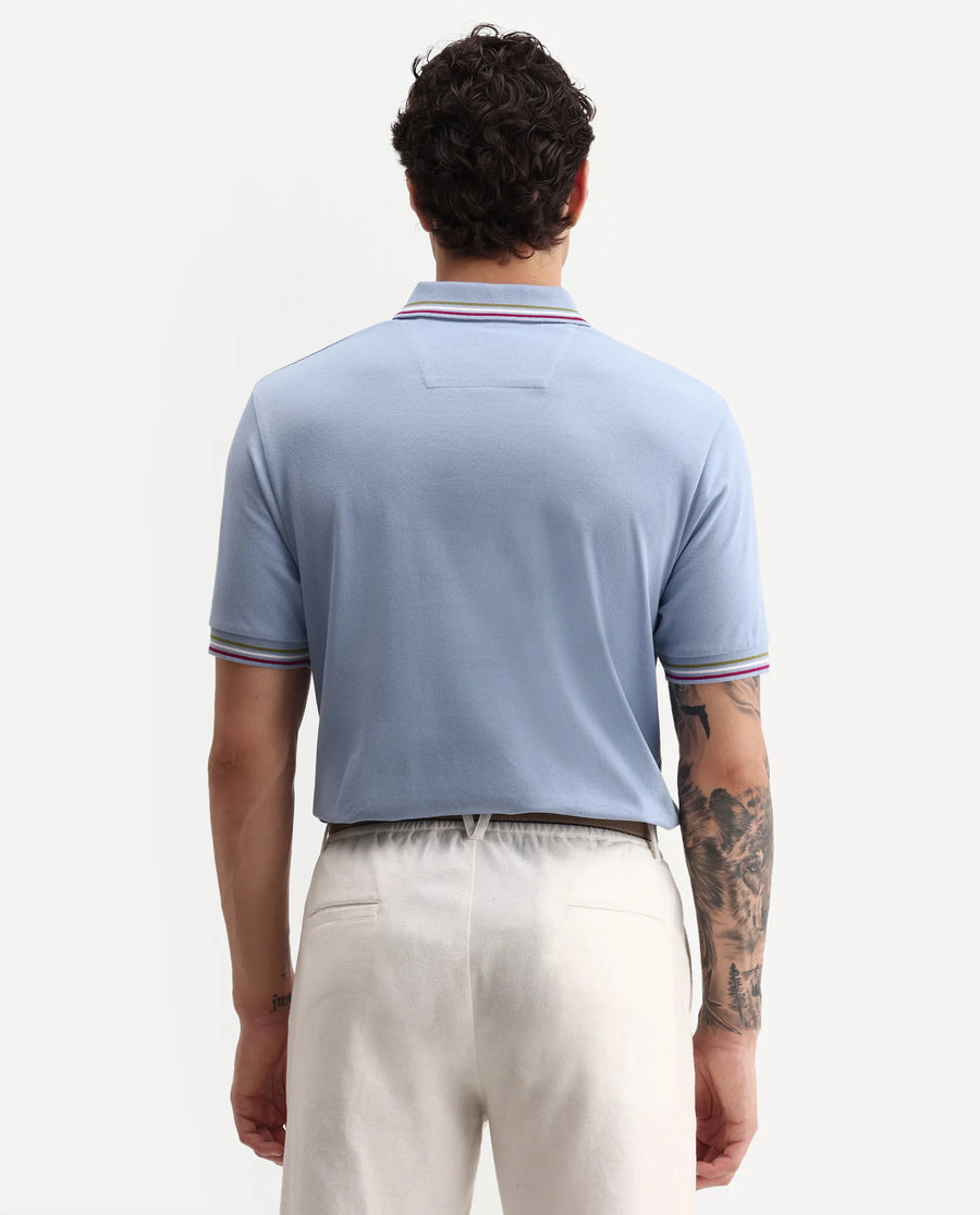 Rare Rabbit Men's Dren Dusky Blue Cotton Blend Spread Collar Regular Plain Polo