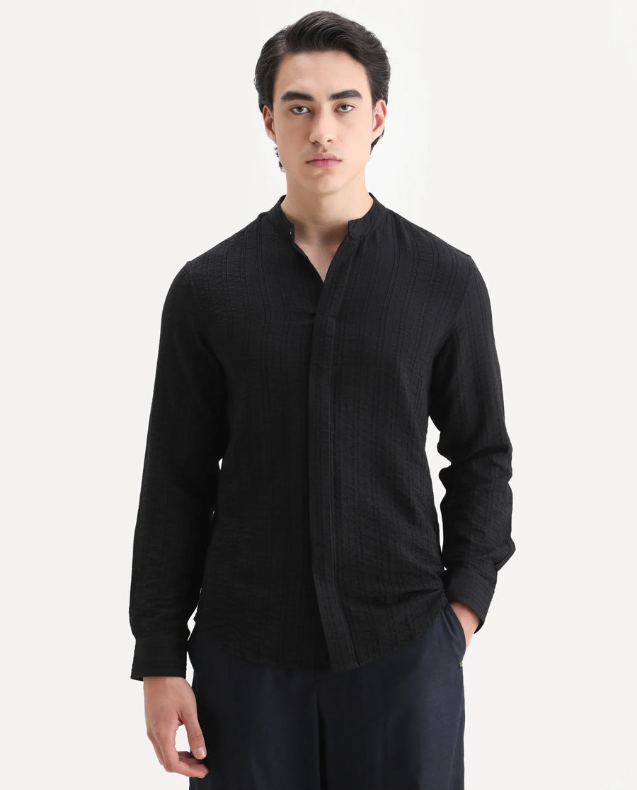 Rare Rabbit Men's Drep-G Black Viscose Blend Fabric Full Sleeve Regular Fit Striped Shirt