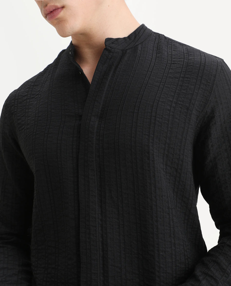 Rare Rabbit Men's Drep-G Black Viscose Blend Fabric Full Sleeve Regular Fit Striped Shirt