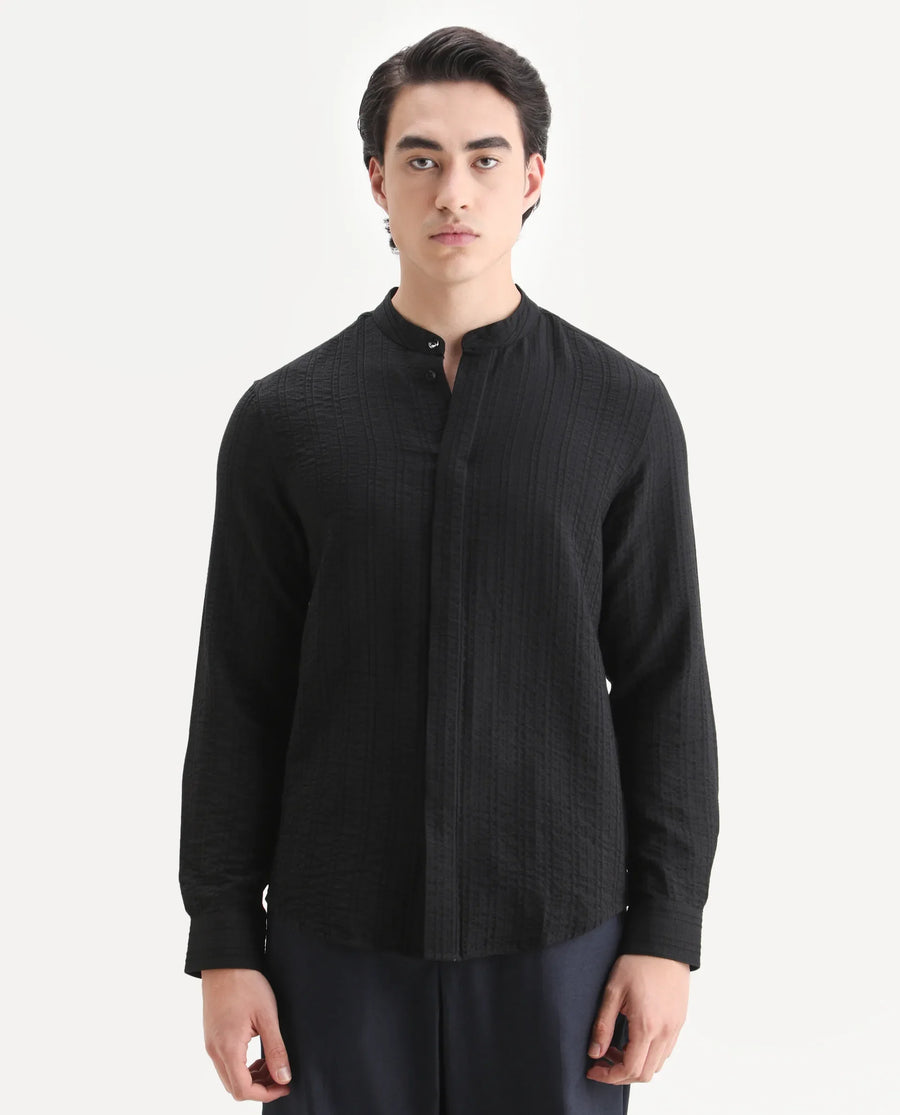 Rare Rabbit Men's Drep-G Black Viscose Blend Fabric Full Sleeve Regular Fit Striped Shirt