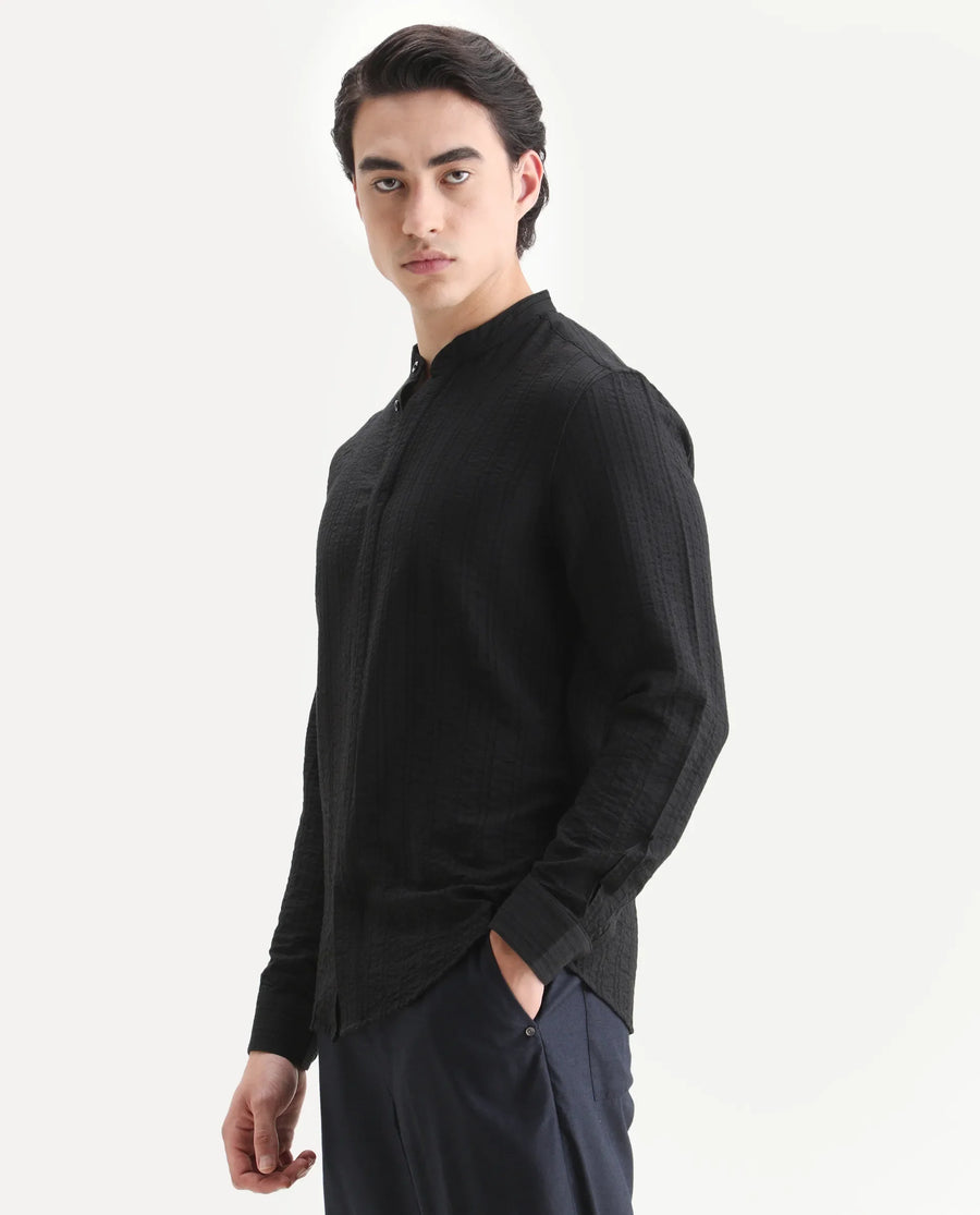 Rare Rabbit Men's Drep-G Black Viscose Blend Fabric Full Sleeve Regular Fit Striped Shirt