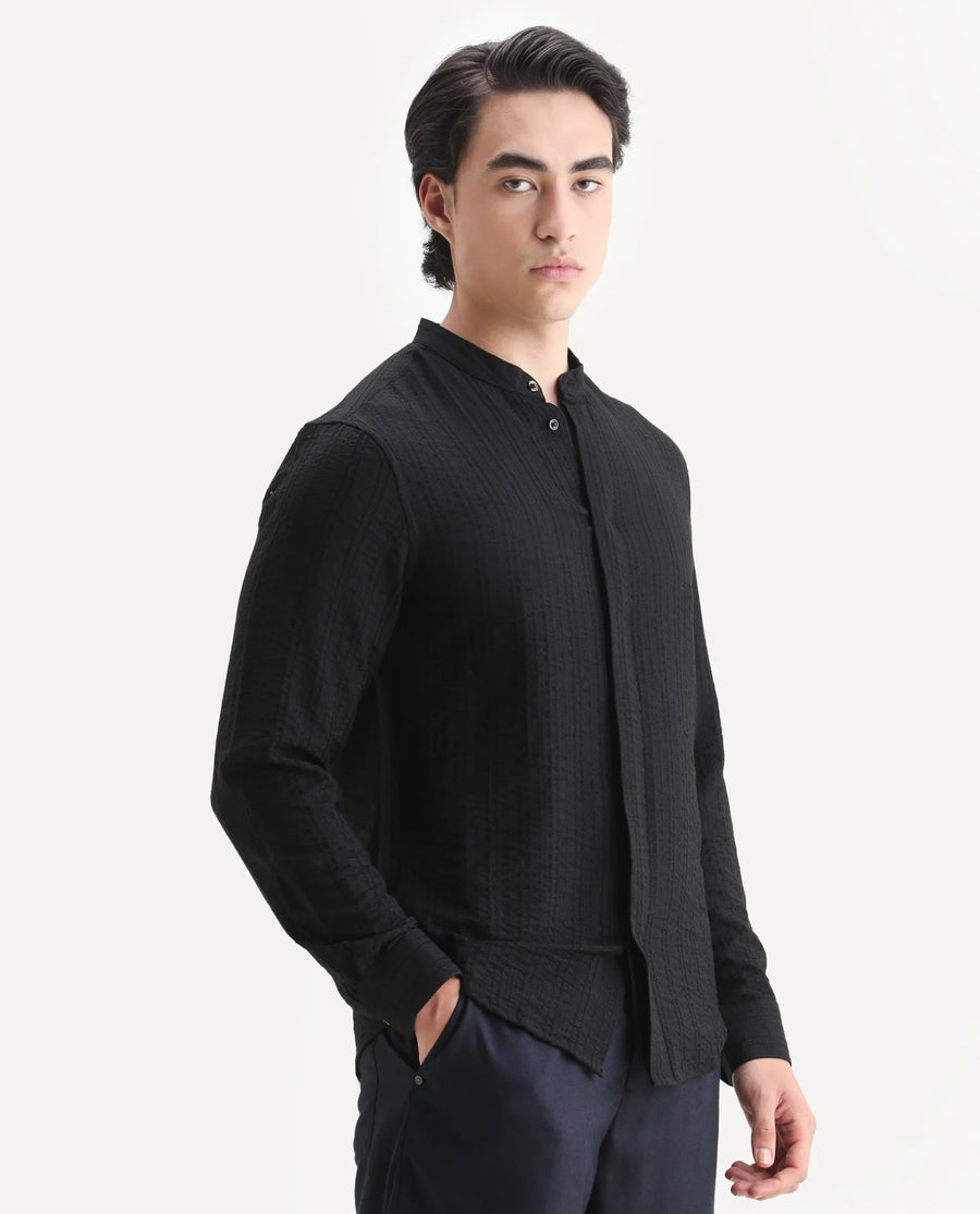 Rare Rabbit Men's Drep-G Black Viscose Blend Fabric Full Sleeve Regular Fit Striped Shirt