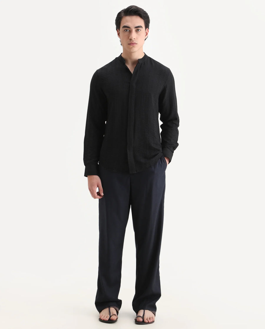 Rare Rabbit Men's Drep-G Black Viscose Blend Fabric Full Sleeve Regular Fit Striped Shirt