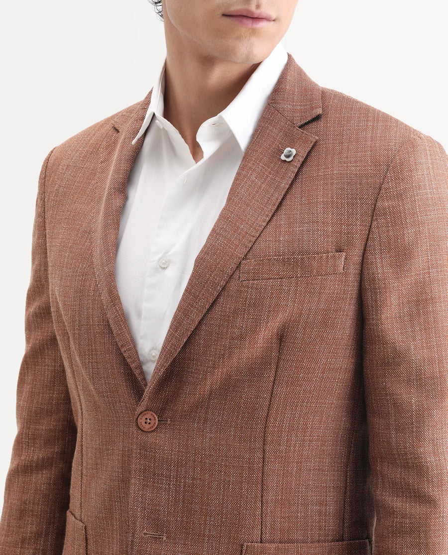 Rare Rabbit Men's Drew Brown Polyester Plain Tailored Fit Full Sleeve Lapel Neck Blazer