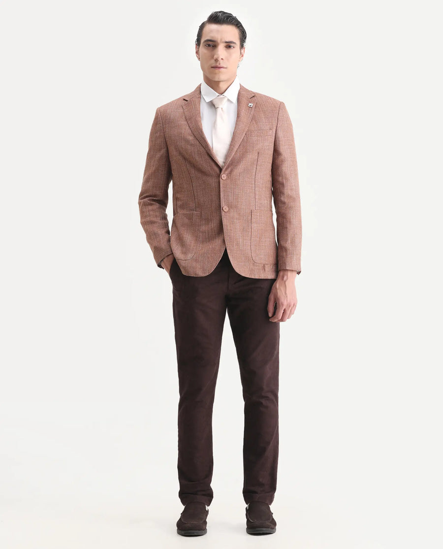 Rare Rabbit Men's Drew Brown Polyester Plain Tailored Fit Full Sleeve Lapel Neck Blazer