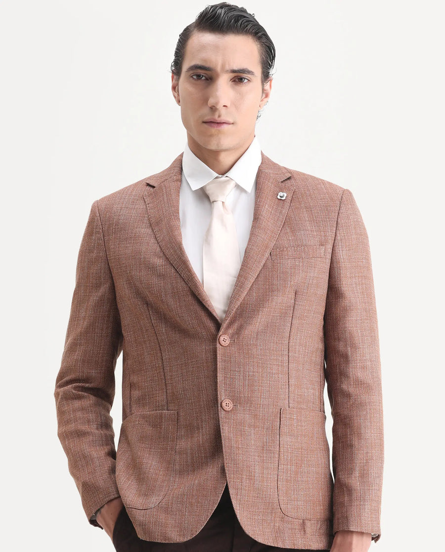 Rare Rabbit Men's Drew Brown Polyester Plain Tailored Fit Full Sleeve Lapel Neck Blazer