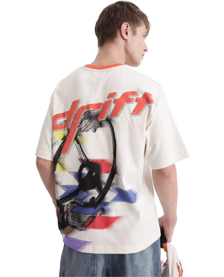 Rare Rabbit Men's Drift Off White Cotton Graphic Print Oversized Fit Half Sleeve Crew Neck T-Shirt