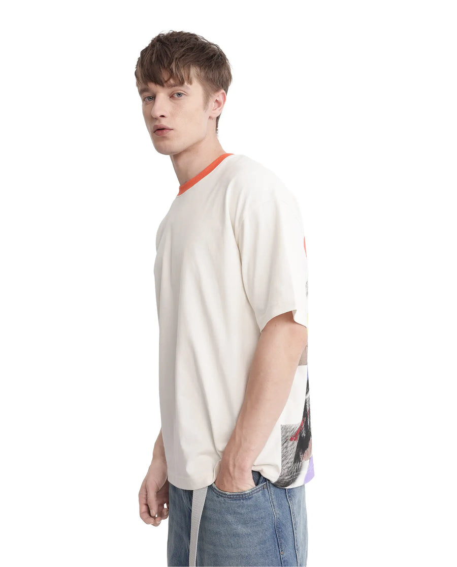 Rare Rabbit Men's Drift Off White Cotton Graphic Print Oversized Fit Half Sleeve Crew Neck T-Shirt