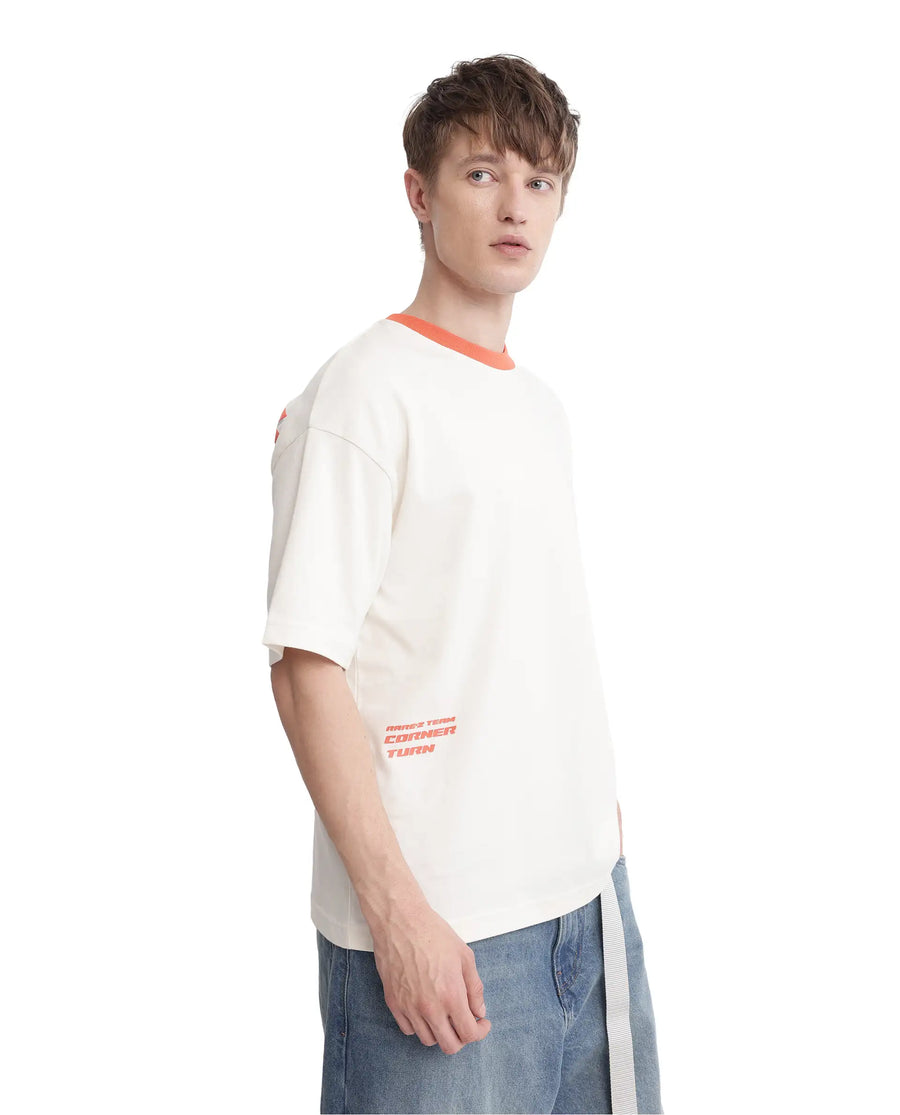 Rare Rabbit Men's Drift Off White Cotton Graphic Print Oversized Fit Half Sleeve Crew Neck T-Shirt