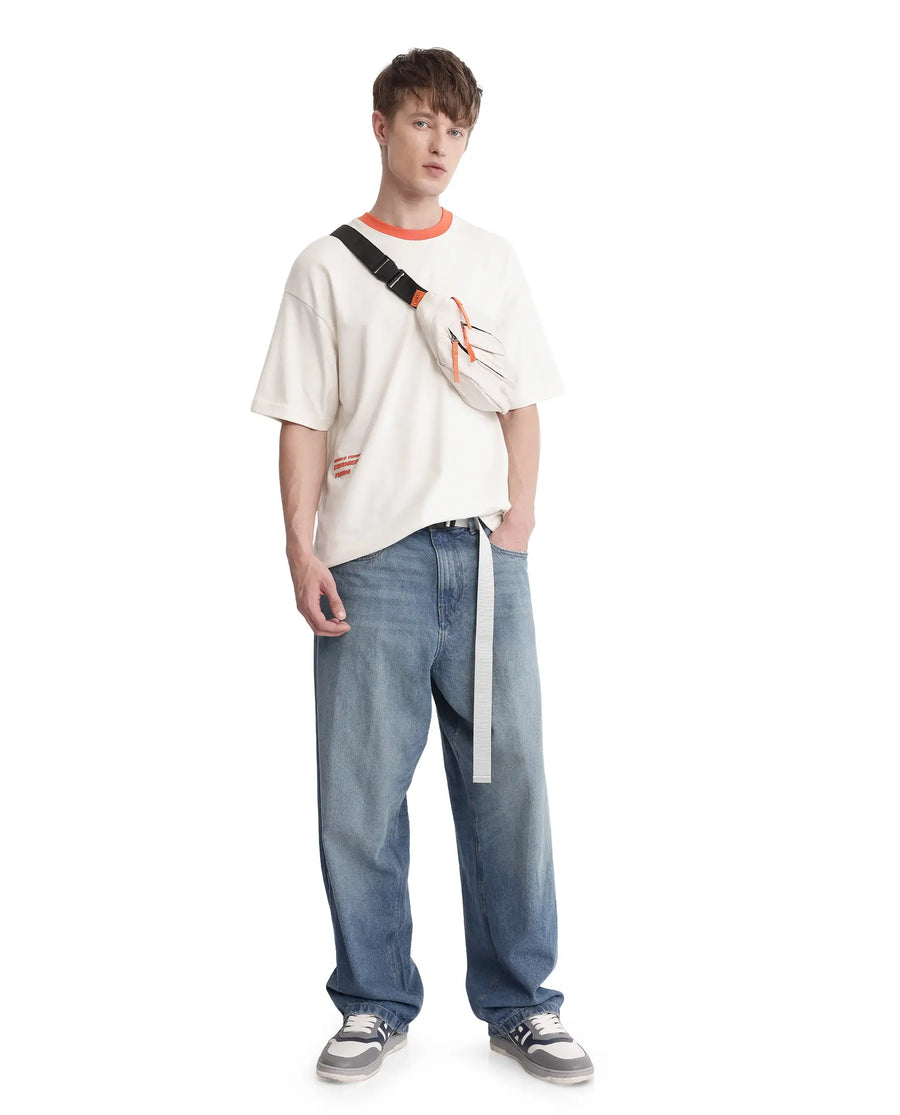 Rare Rabbit Men's Drift Off White Cotton Graphic Print Oversized Fit Half Sleeve Crew Neck T-Shirt