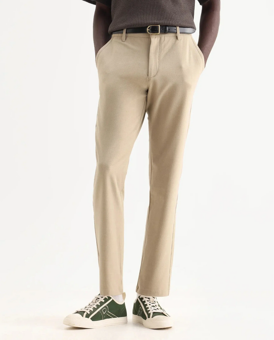 Rare Rabbit Men's Driver-Aw25 Khaki Polyester Blend Plain Regular Fit Trouser