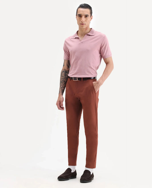 Rare Rabbit Men's Driver Rust Polyester Blend Plain Regular Fit Trouser