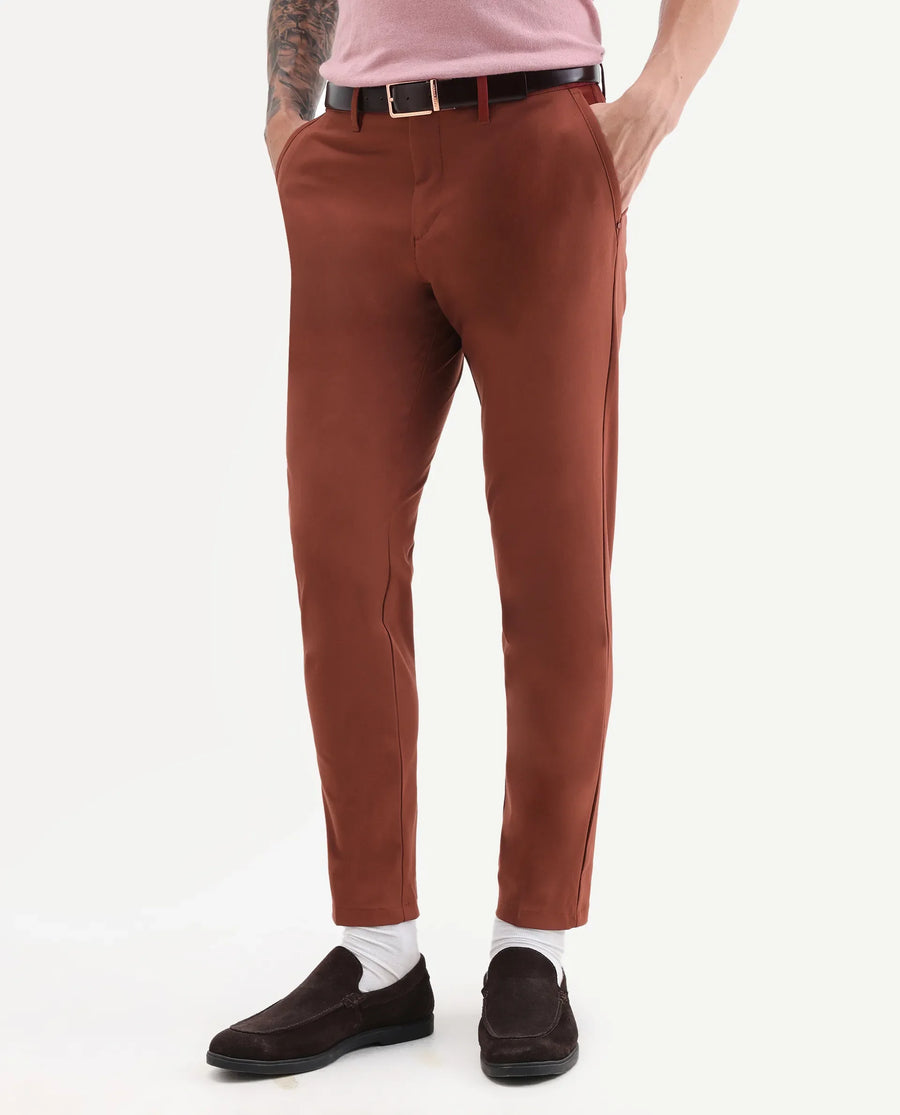 Rare Rabbit Men's Driver Rust Polyester Blend Plain Regular Fit Trouser