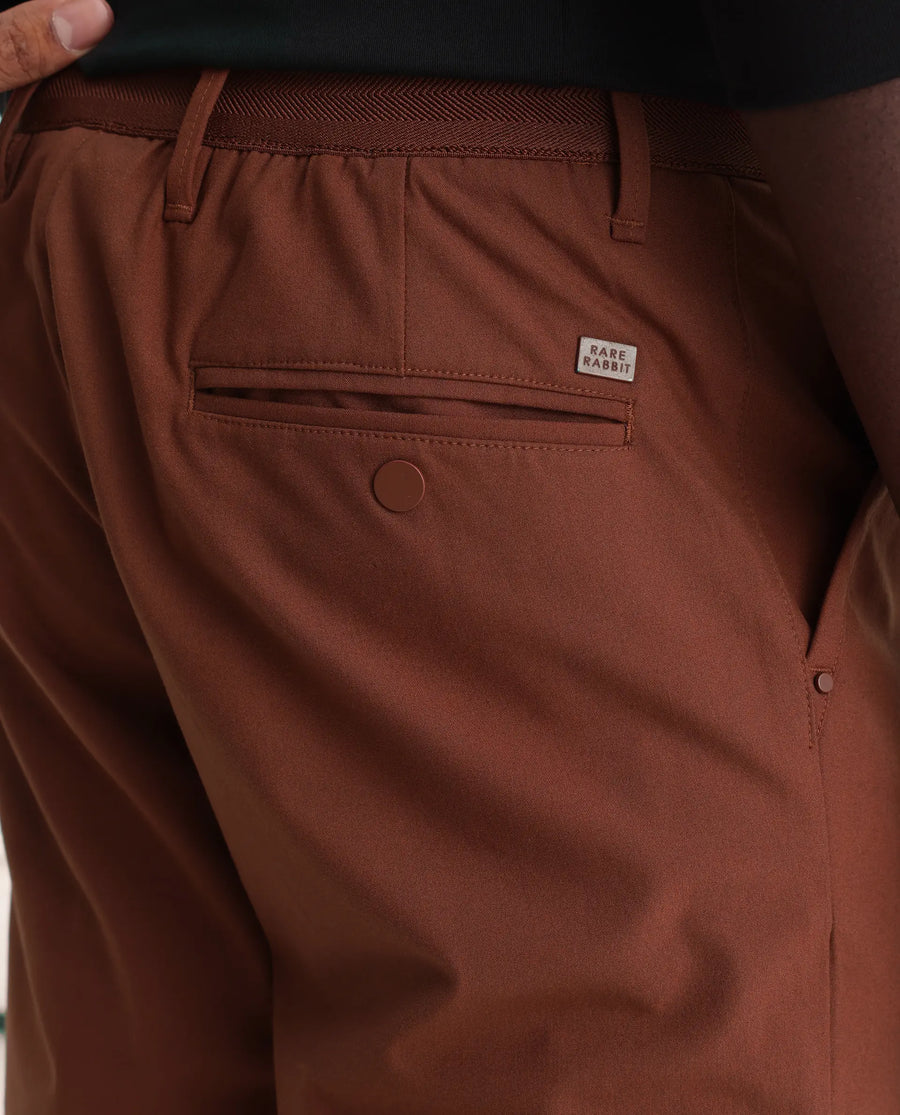 Rare Rabbit Men's Drivers Dark Rust Polyester Blend Plain Regular Fit Trouser