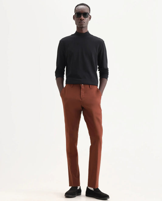 Rare Rabbit Men's Drivers Dark Rust Polyester Blend Plain Regular Fit Trouser