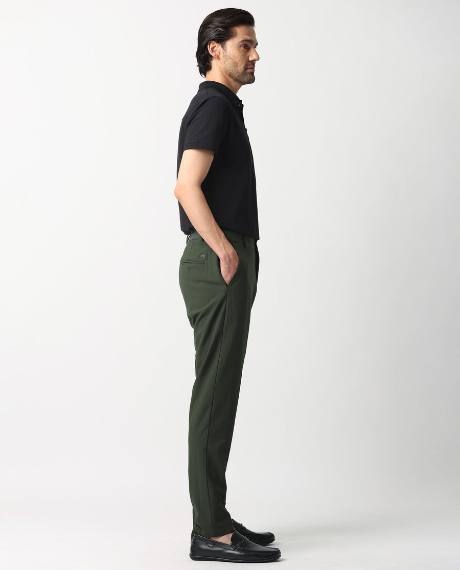 Rare Rabbit Men's Drivers Olive Polyester Blend Plain Regular Fit Trouser