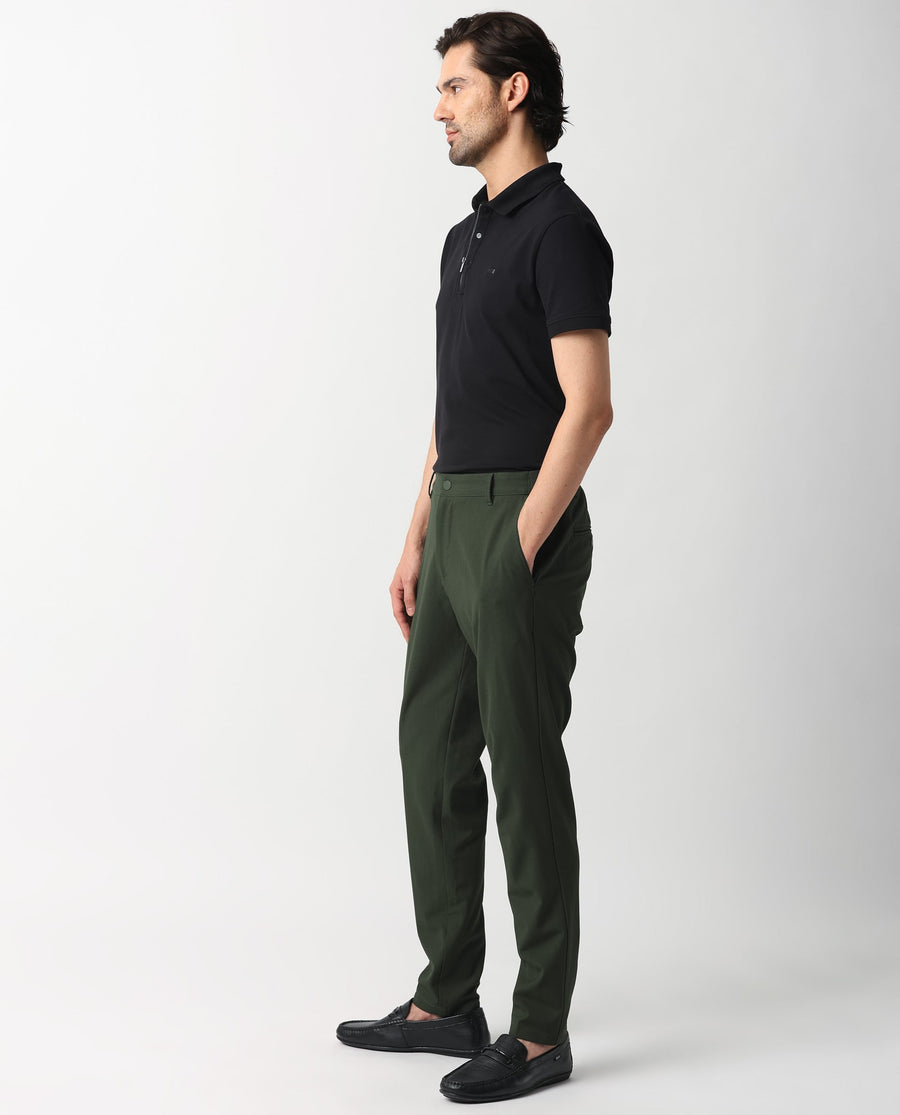Rare Rabbit Men's Drivers Olive Polyester Blend Plain Regular Fit Trouser