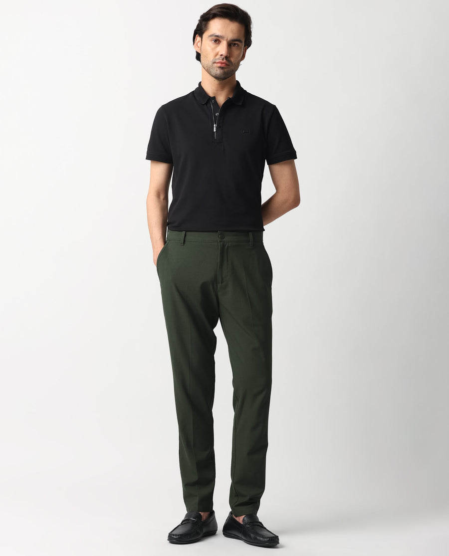 Rare Rabbit Men's Drivers Olive Polyester Blend Plain Regular Fit Trouser