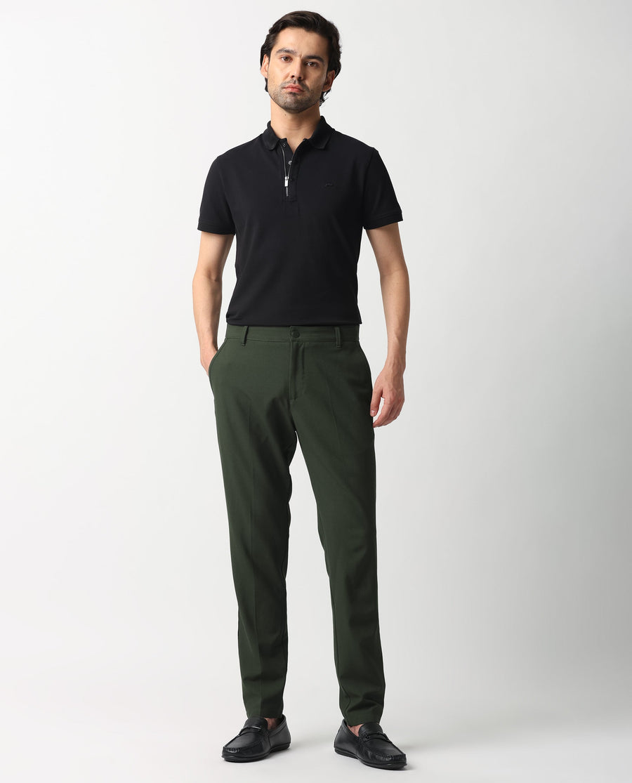 Rare Rabbit Men's Drivers Olive Polyester Blend Plain Regular Fit Trouser