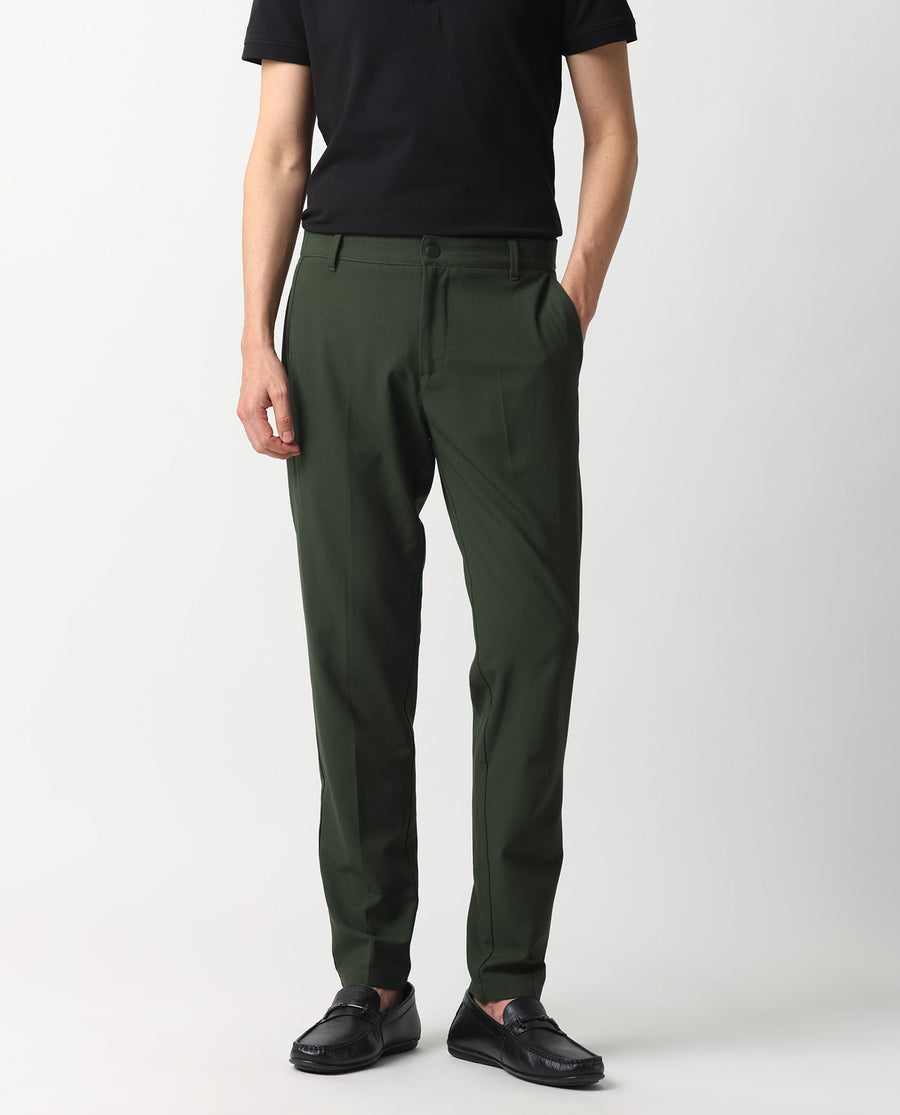 Rare Rabbit Men's Drivers Olive Polyester Blend Plain Regular Fit Trouser