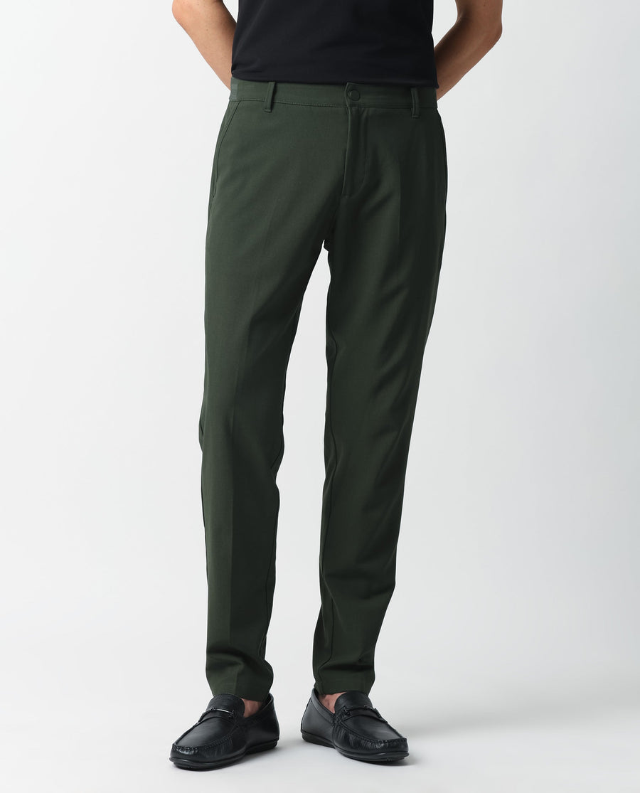 Rare Rabbit Men's Drivers Olive Polyester Blend Plain Regular Fit Trouser