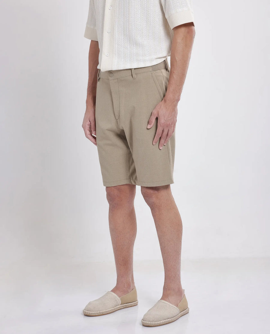 Rare Rabbit Men's Drivo Khaki Polyester Blend Plain Regular Fit Shorts