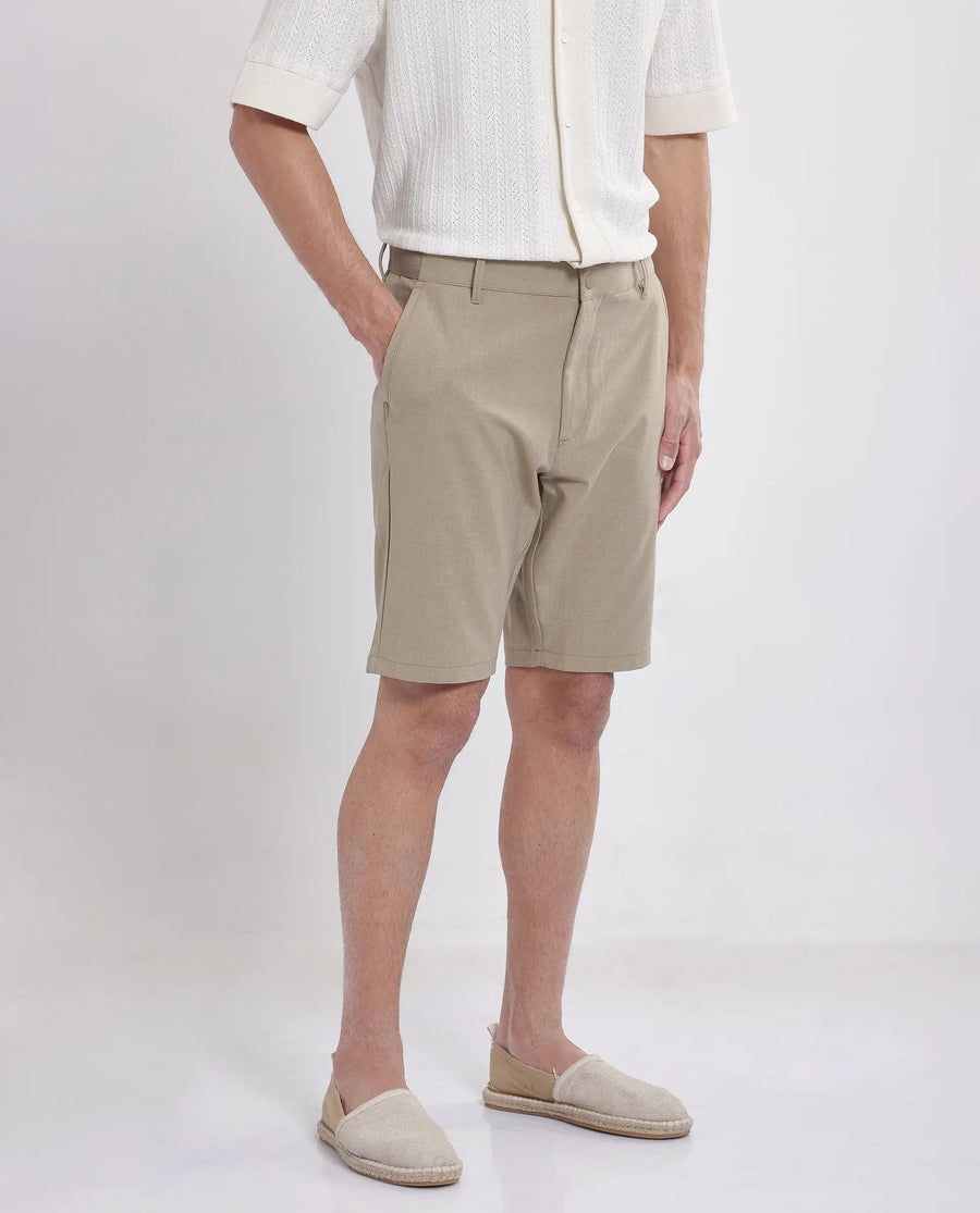 Rare Rabbit Men's Drivo Khaki Polyester Blend Plain Regular Fit Shorts