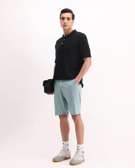 Rare Rabbit Men's Drivo Pastel Green Polyester Blend Plain Regular Fit Shorts