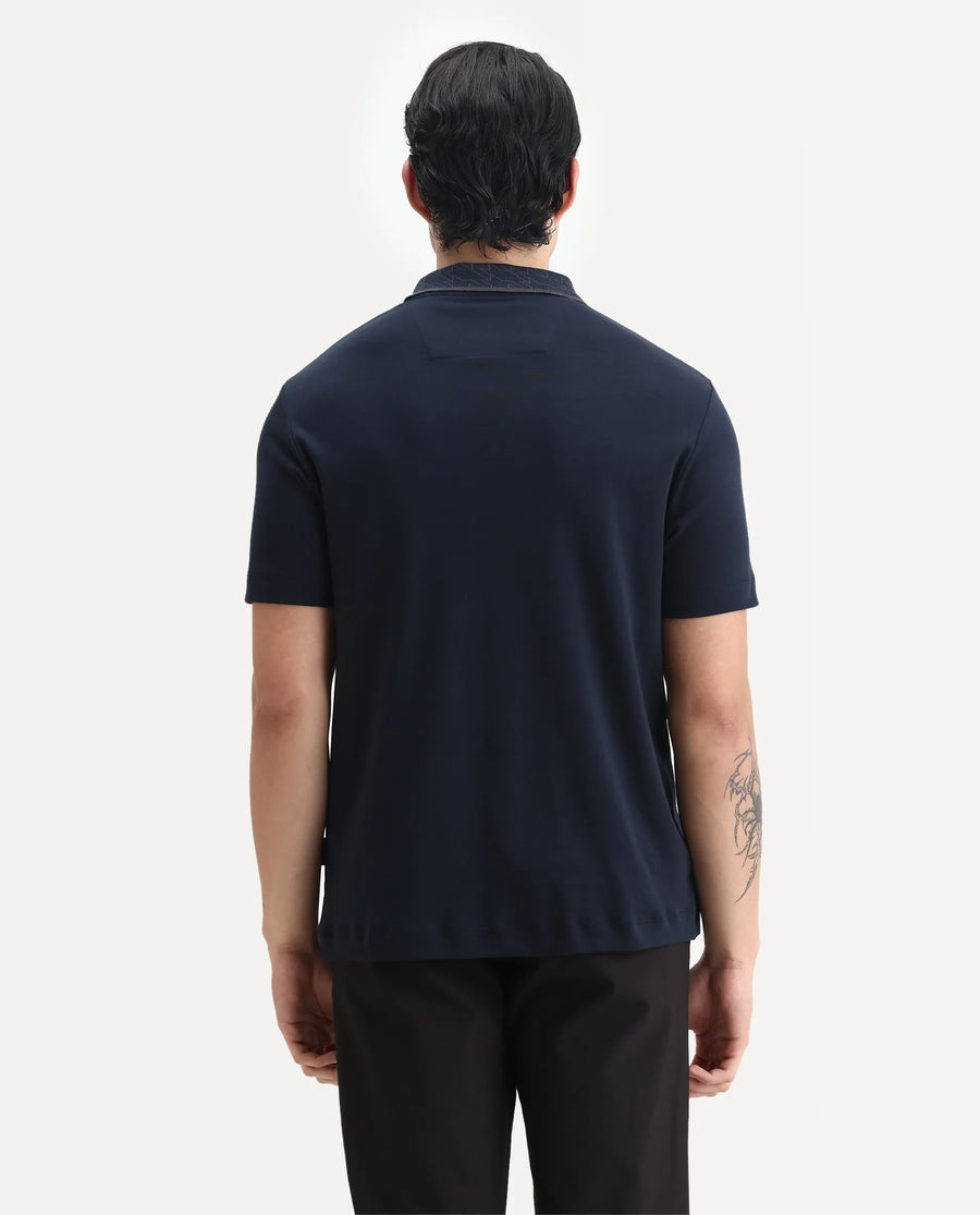 Rare Rabbit Men's Drix Navy Cotton Plain Regular Fit Half Sleeve Polo