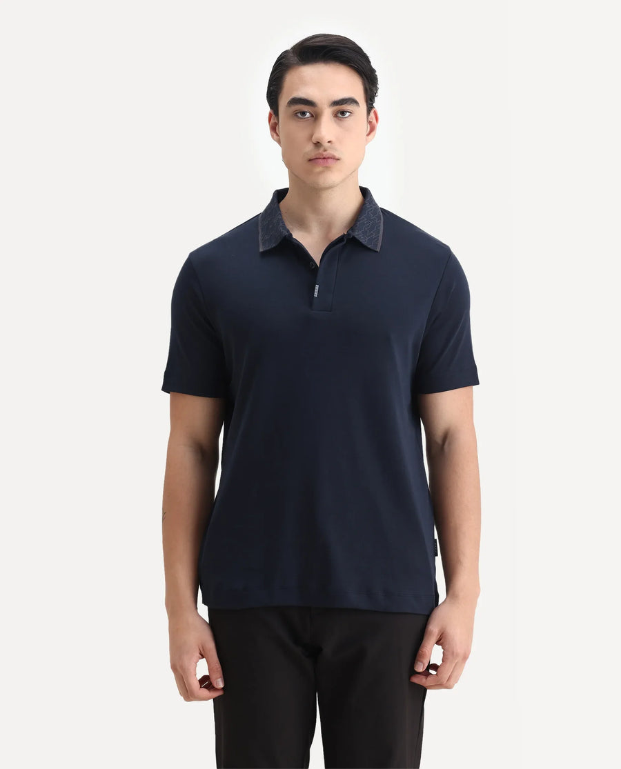 Rare Rabbit Men's Drix Navy Cotton Plain Regular Fit Half Sleeve Polo