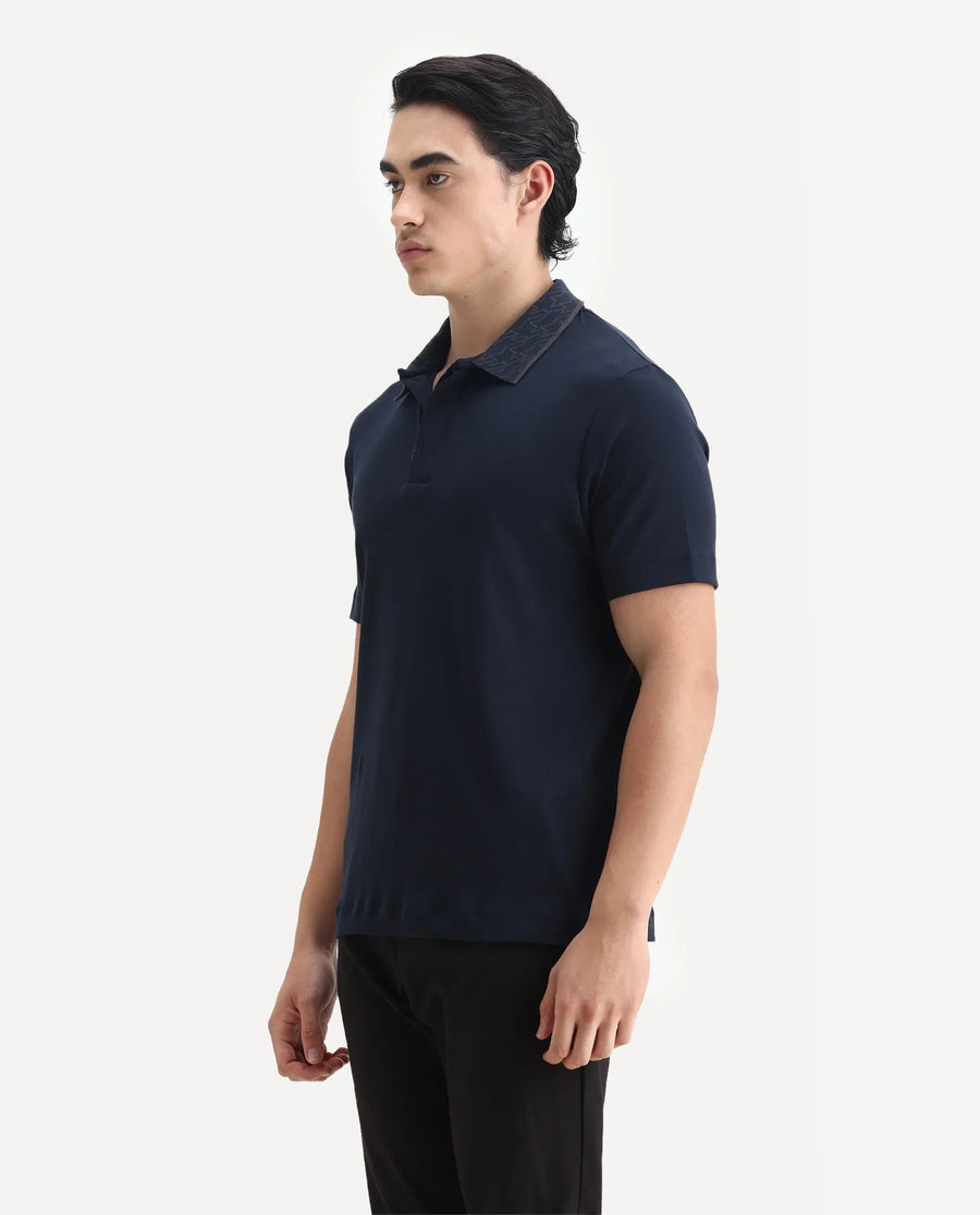 Rare Rabbit Men's Drix Navy Cotton Plain Regular Fit Half Sleeve Polo