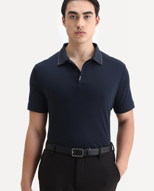 Rare Rabbit Men's Drix Navy Cotton Plain Regular Fit Half Sleeve Polo