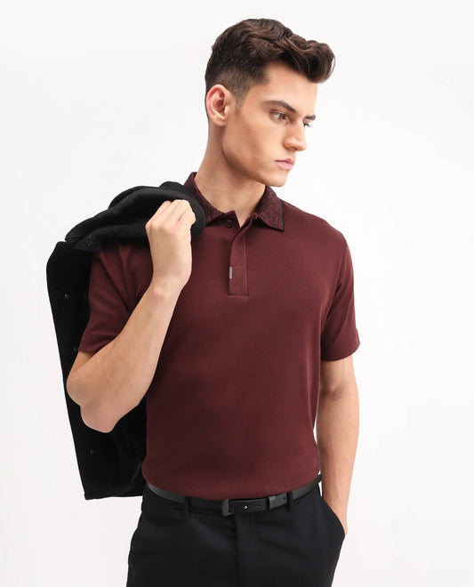Rare Rabbit Men's Drix Dark Rust Cotton Plain Regular Fit Half Sleeve Polo