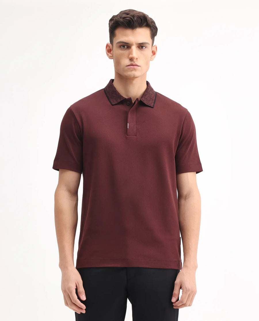 Rare Rabbit Men's Drix Dark Rust Cotton Plain Regular Fit Half Sleeve Polo