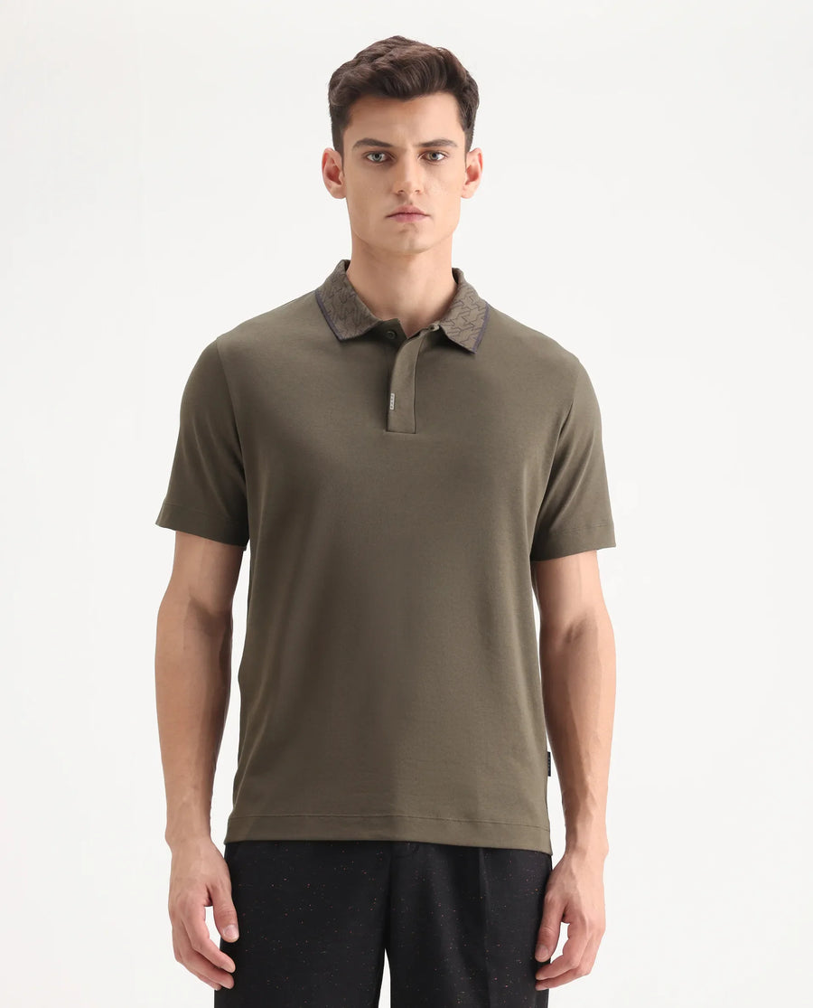 Rare Rabbit Men's Drix Olive Cotton Plain Regular Fit Half Sleeve Polo