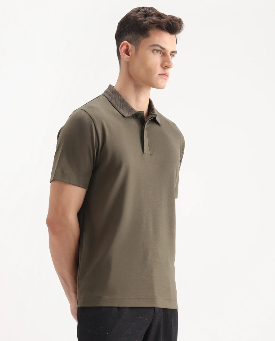 Rare Rabbit Men's Drix Olive Cotton Plain Regular Fit Half Sleeve Polo