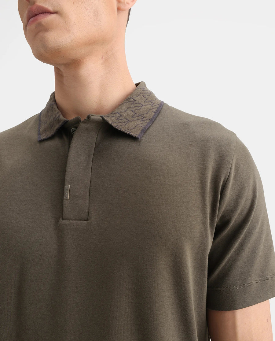 Rare Rabbit Men's Drix Olive Cotton Plain Regular Fit Half Sleeve Polo