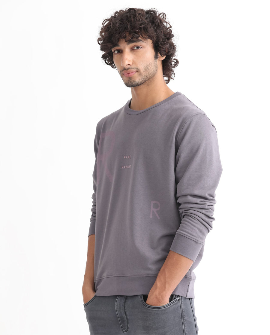 Rare Rabbit Men's Drovie Purple Graphic Print Regular Fit Full Sleeve Crew Neck Sweatshirt