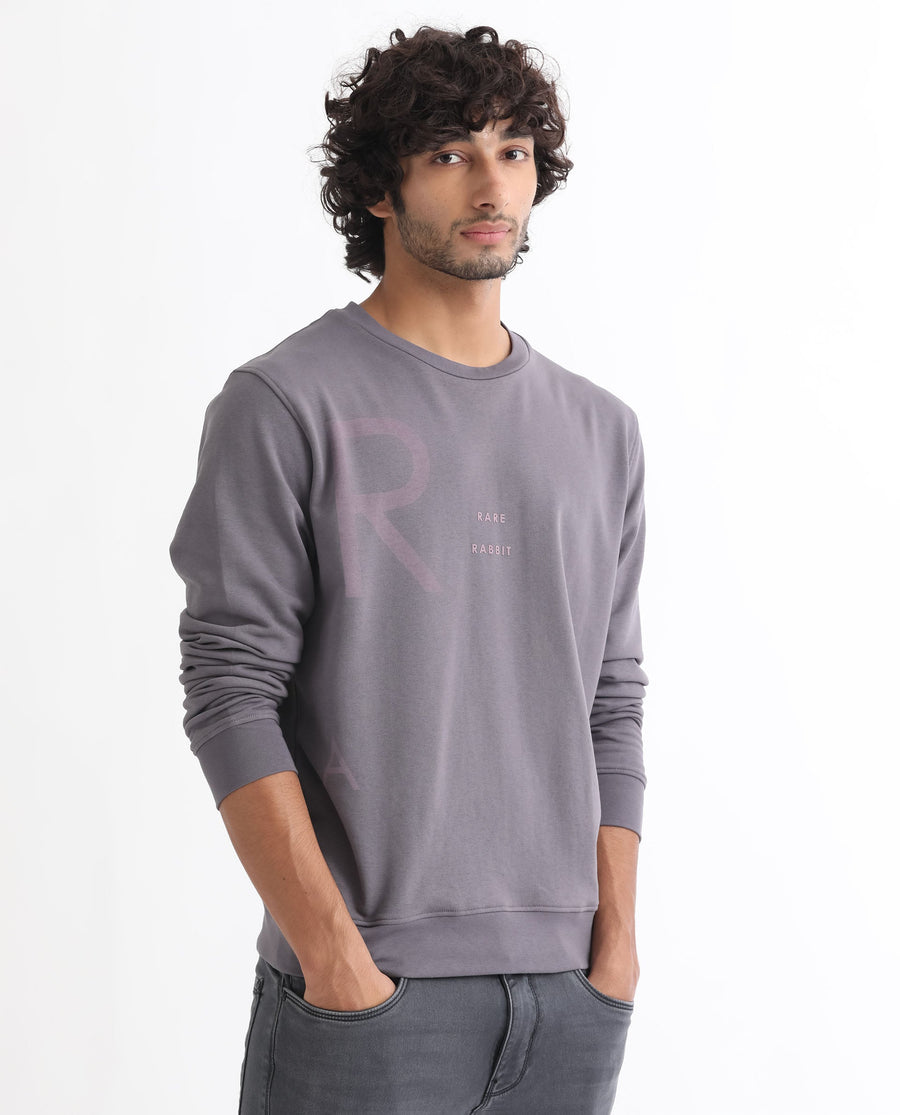 Rare Rabbit Men's Drovie Purple Graphic Print Regular Fit Full Sleeve Crew Neck Sweatshirt