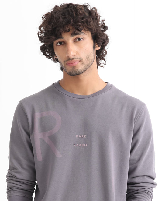 Rare Rabbit Men's Drovie Purple Graphic Print Regular Fit Full Sleeve Crew Neck Sweatshirt