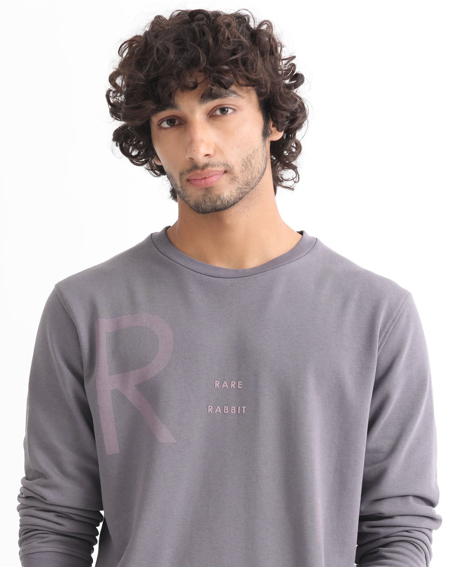 Rare Rabbit Men's Drovie Purple Graphic Print Regular Fit Full Sleeve Crew Neck Sweatshirt